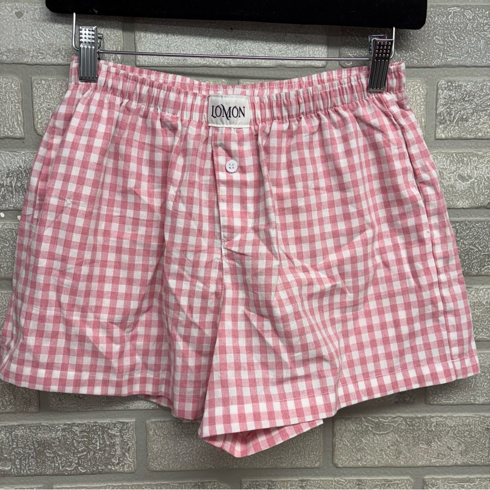 Lomon Cotton Pink White Gingham Shorts with Pockets Size Small